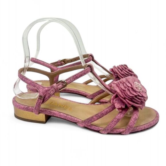 Authentic CHANEL Dusty Pink Tweed CC Logo Camellia Flower Sandals Size E… - Picture 7 of 14